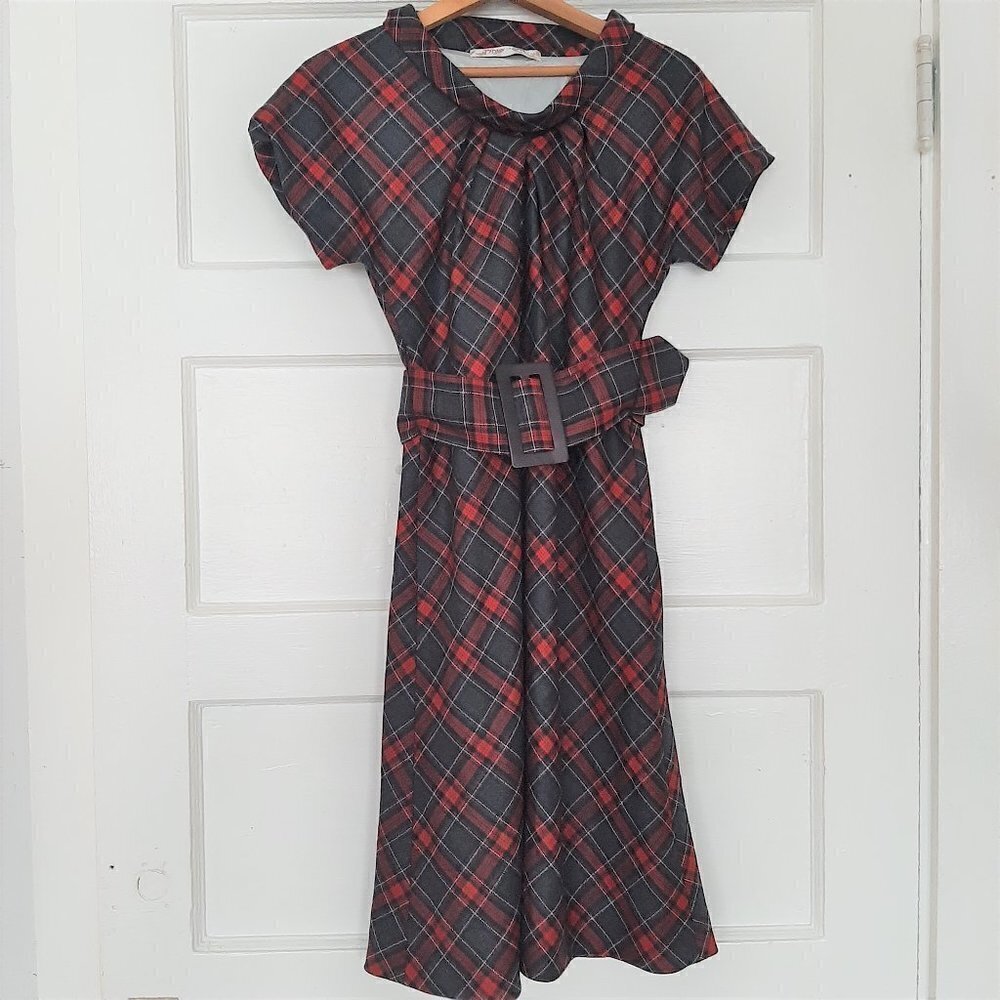Mary Jane Italy Indie Designer Red Plaid Belted Vintage Inspired Wool Dress
